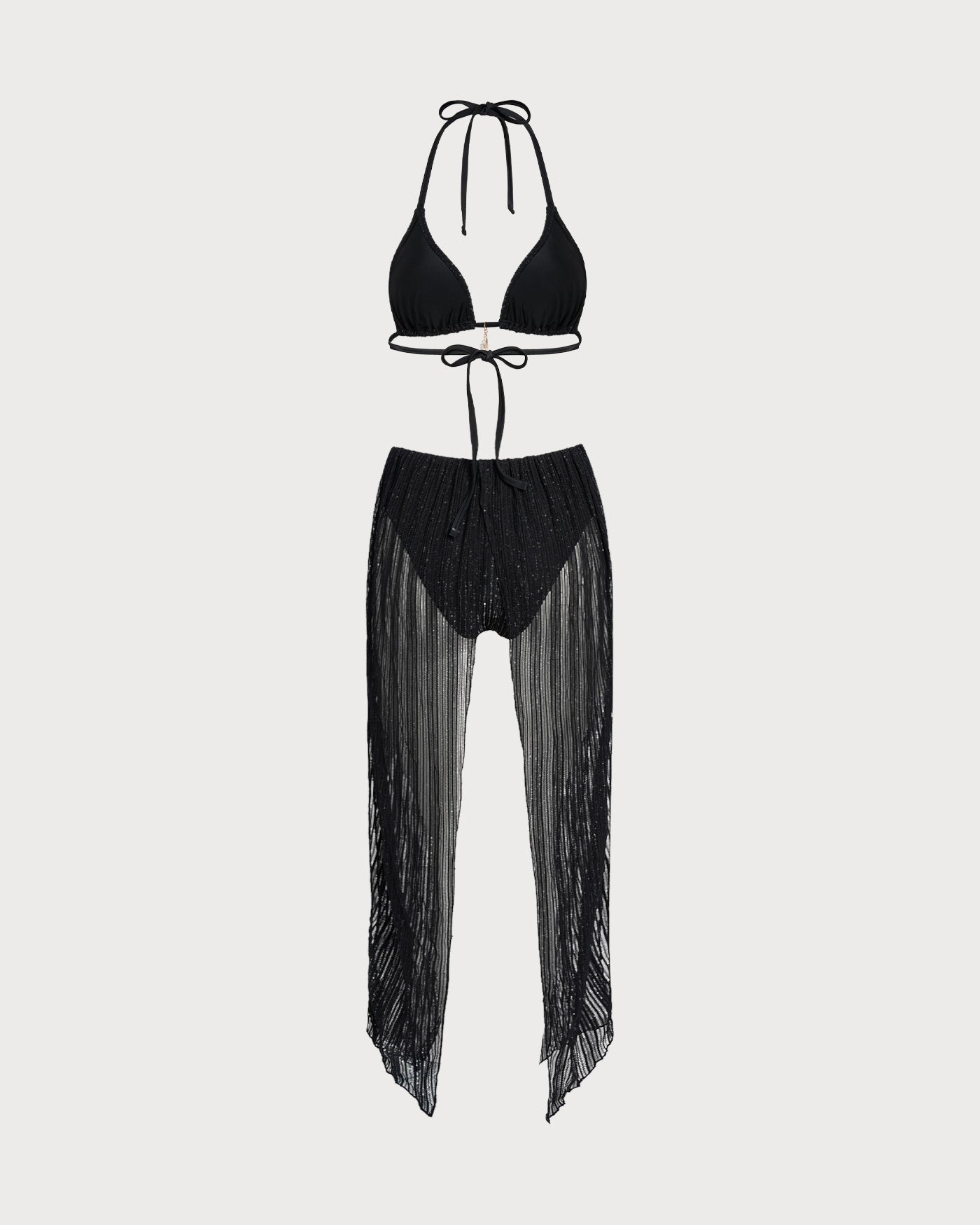 Black Triangle Bikini Set with Halter Neck and Drawstring