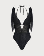 Black Triangle Bikini Set with Halter Neck and Drawstring