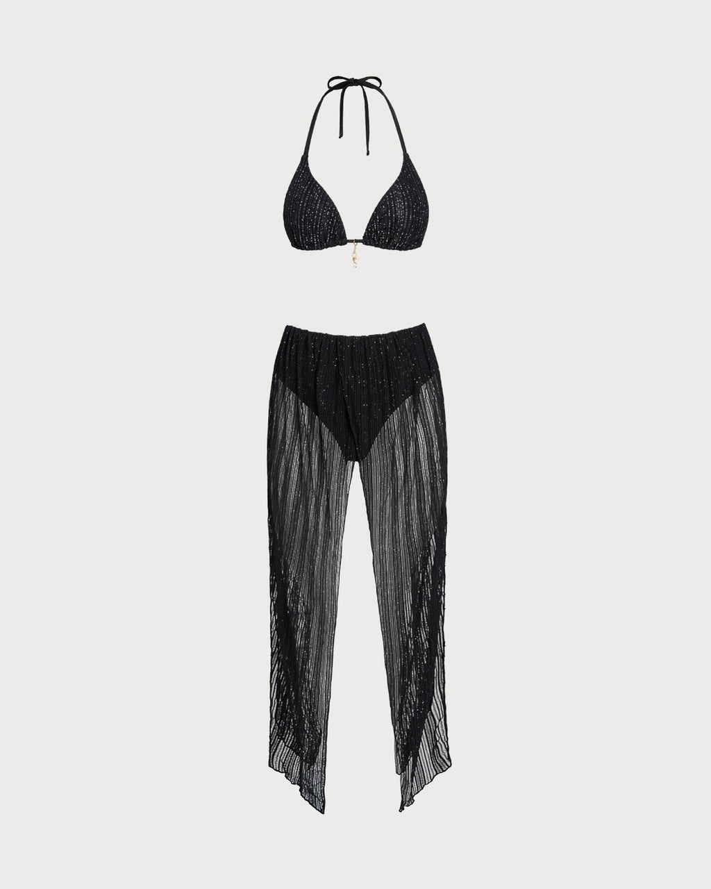 Black Triangle Bikini Set with Halter Neck and Drawstring