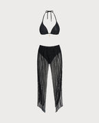 Black Triangle Bikini Set with Halter Neck and Drawstring