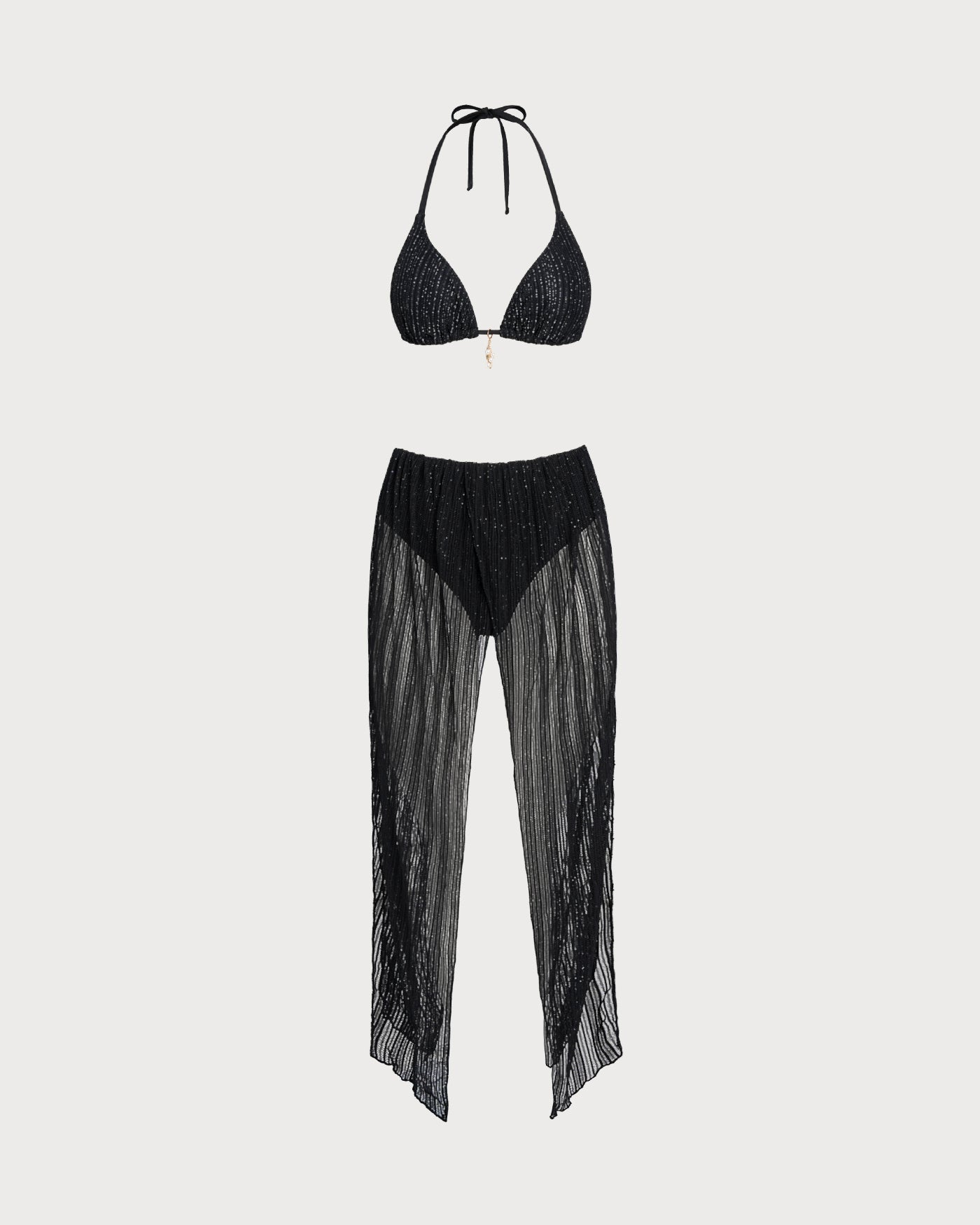 Black Triangle Bikini Set with Halter Neck and Drawstring