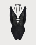 Black Triangle Bikini Set with Halter Neck and Drawstring