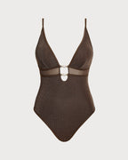 Brown Sequin V-Neck Bralette One-Piece Swimsuit