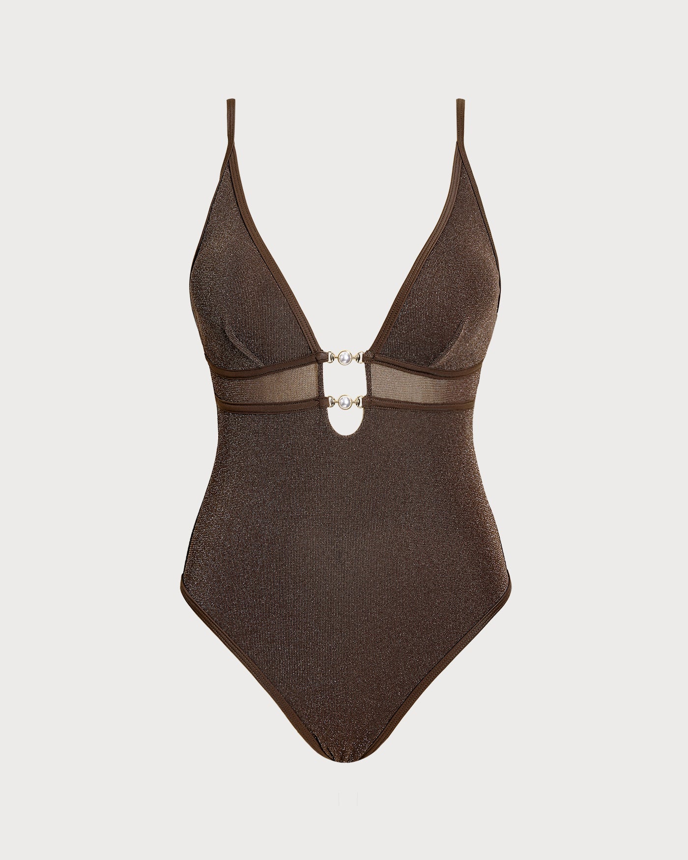 Brown Sequin V-Neck Bralette One-Piece Swimsuit