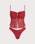 Red Sequined Square Neck Tankini Set