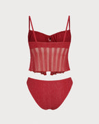 Red Sequined Square Neck Tankini Set