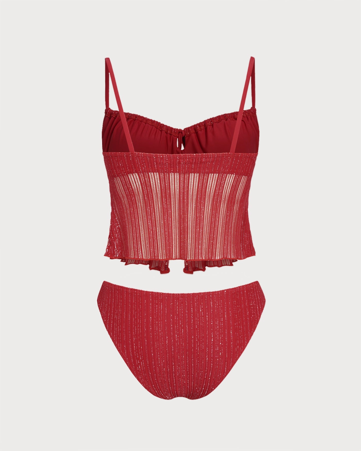 Red Sequined Square Neck Tankini Set