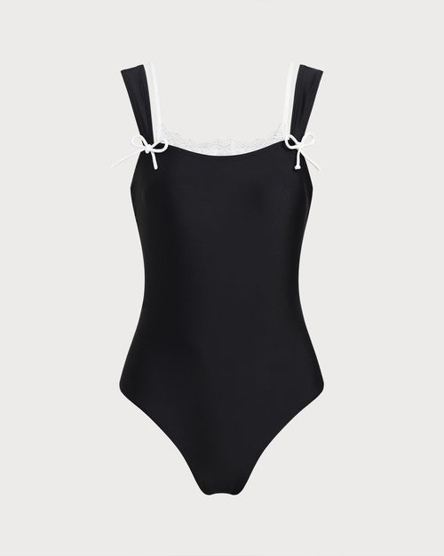 Black Lace-Trimmed One-Piece Swimsuit