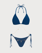 Textured Blue Halter Neck Drawstring Bikini Set
