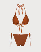 Brown Triangle Bikini Set with Halter Neck and Drawstring