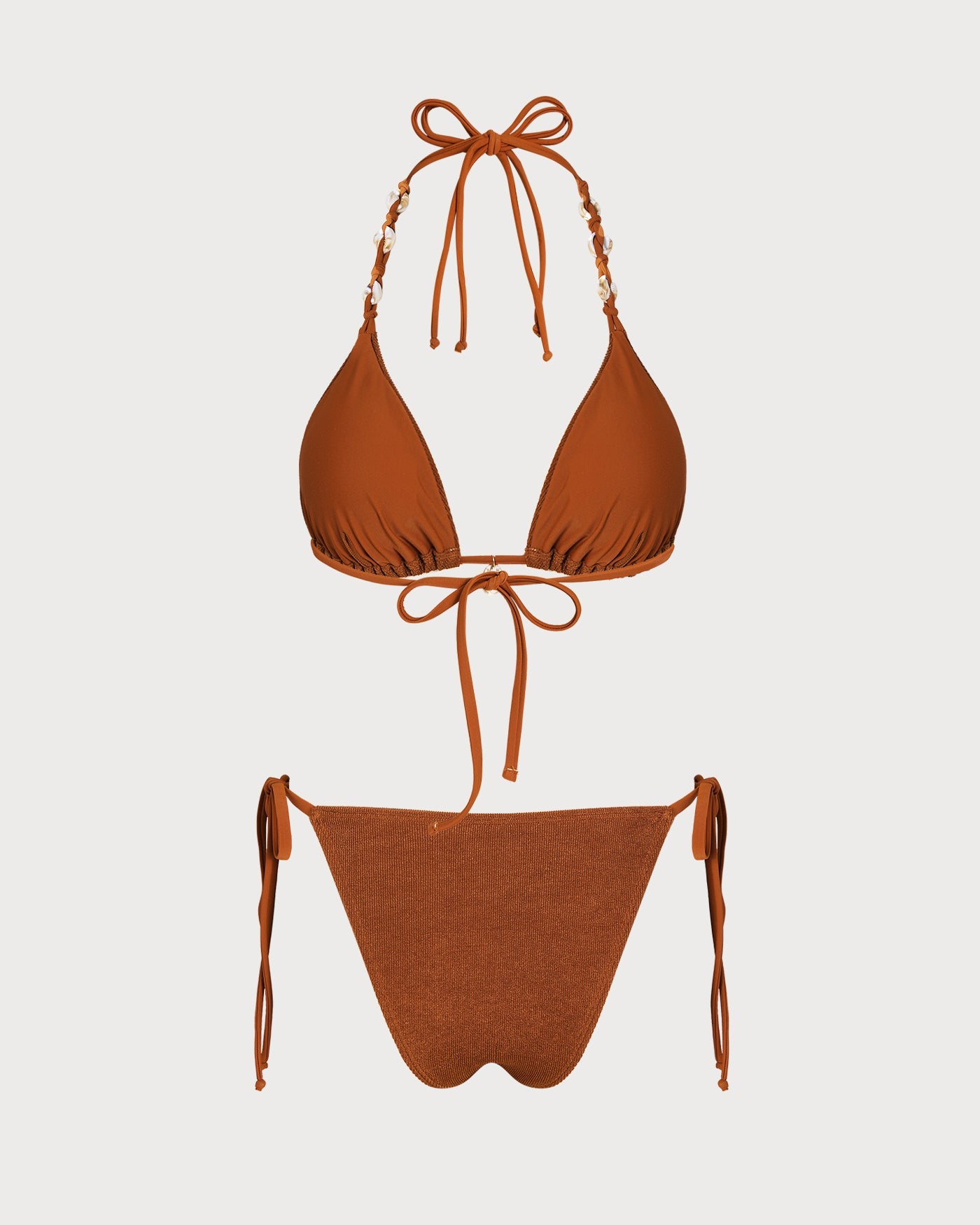 Brown Triangle Bikini Set with Halter Neck and Drawstring