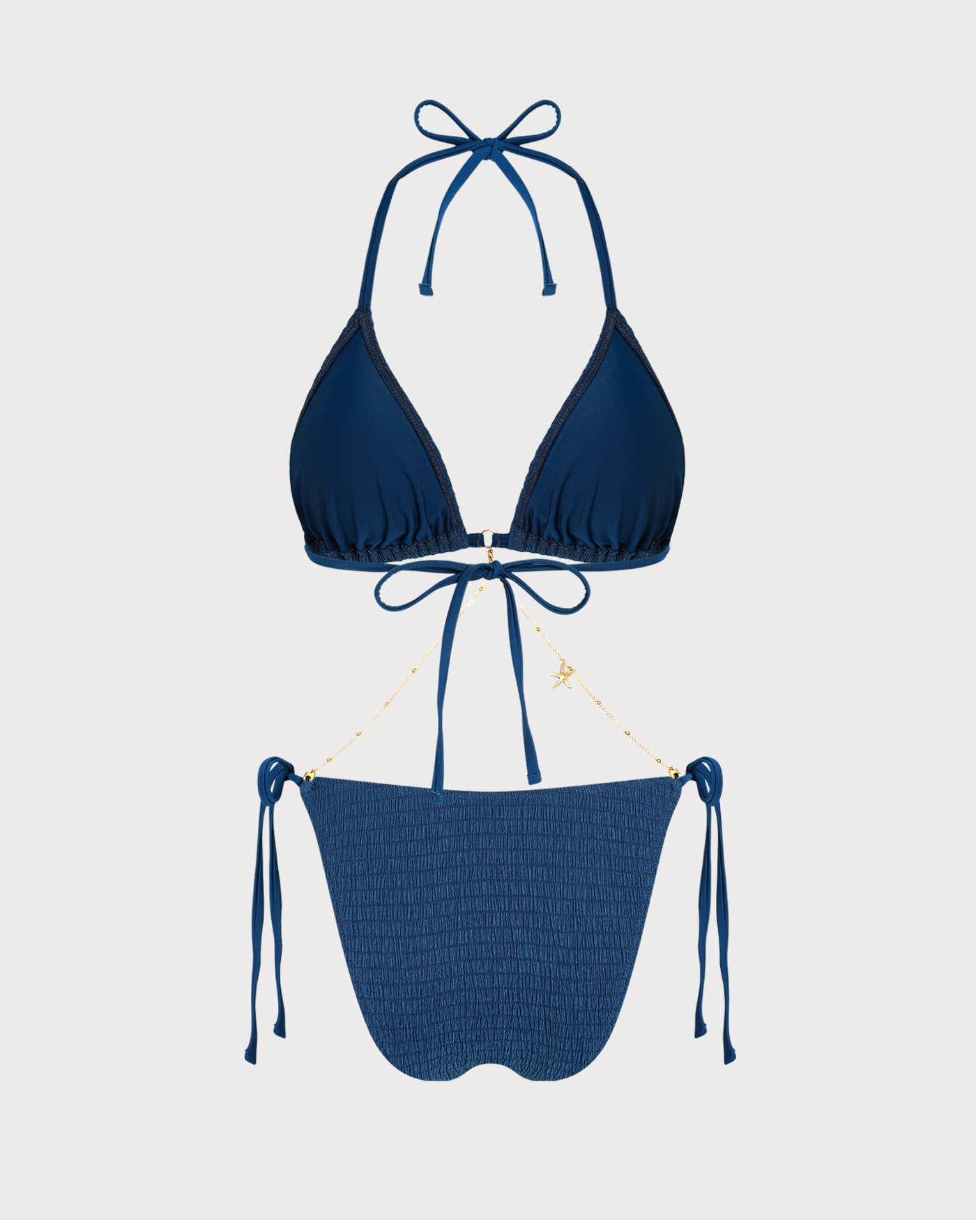 Textured Blue Halter Neck Drawstring Bikini Set