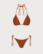 Brown Triangle Bikini Set with Halter Neck and Drawstring