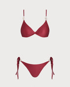 Red V-Neck Triangle Bikini Set with Drawstring