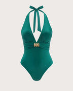 Green Ruched Halter Neck One-Piece Bralette
