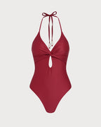 Crimson Halter Neck One-Piece Swimsuit