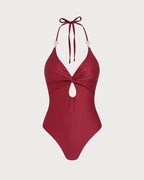 Crimson Halter Neck One-Piece Swimsuit