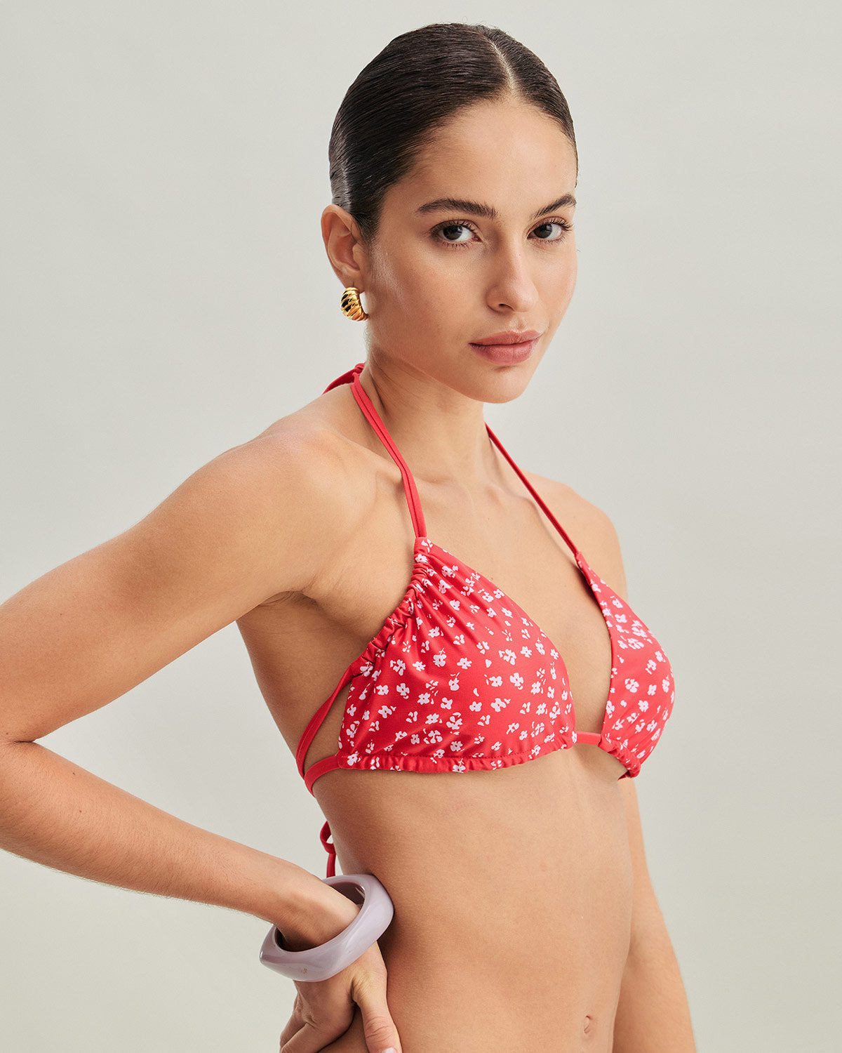 Red Floral Triangle Bikini Set with Drawstring