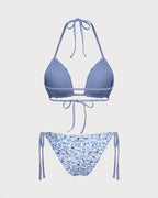 Floral Print Blue Triangle Bikini Set