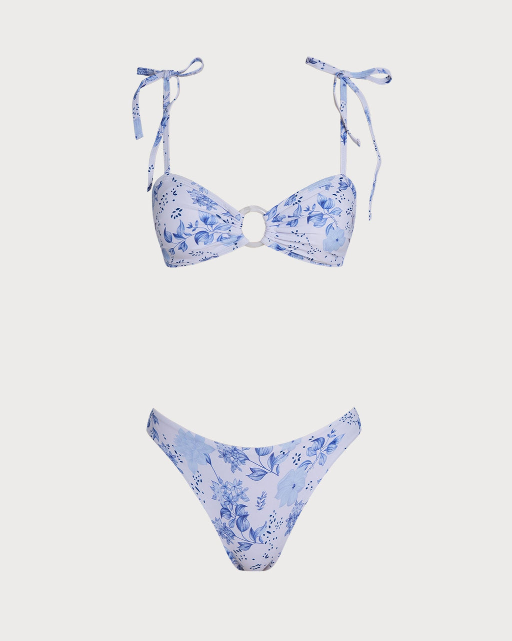 White Floral Triangle Bikini Set with Tie Straps