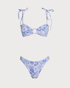 White Floral Triangle Bikini Set with Tie Straps