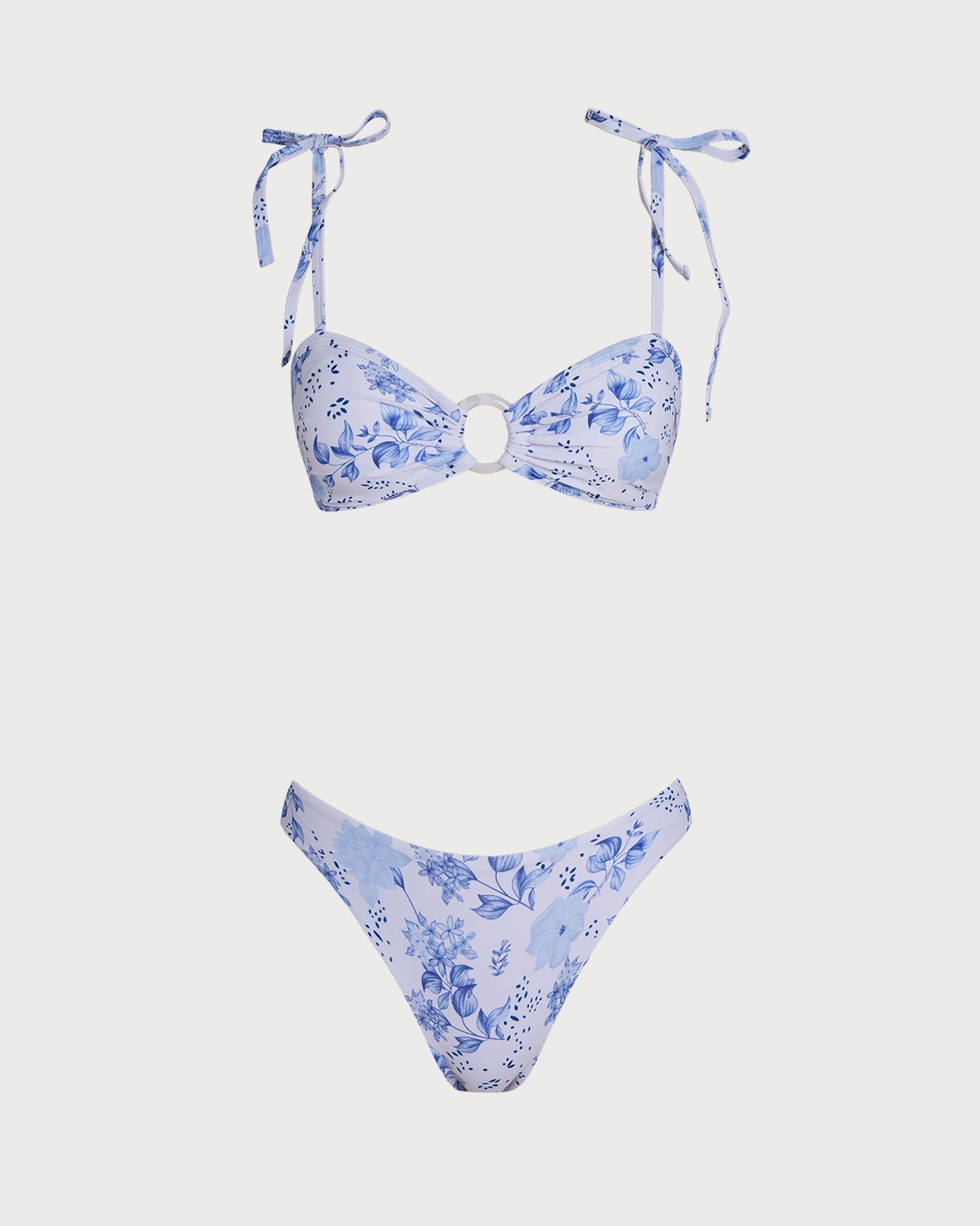 White Floral Triangle Bikini Set with Tie Straps