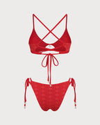 Textured U-Neck Bikini Set in Red