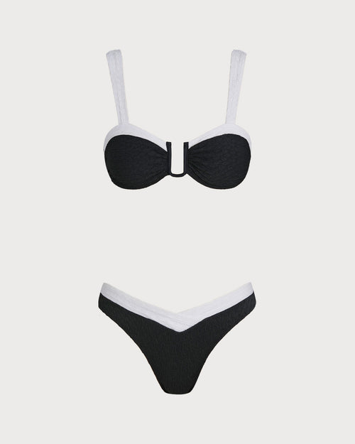 Black U-Neck Triangle Bikini Set with Contrast Details