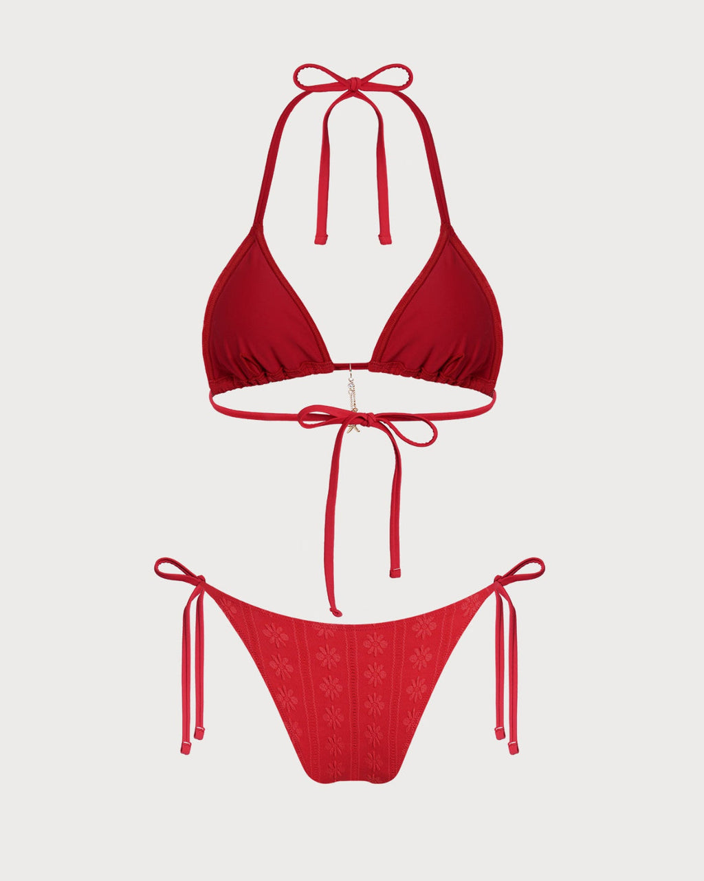 Red Jacquard Halter Neck Bikini Set with Drawstring