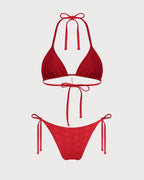Red Jacquard Halter Neck Bikini Set with Drawstring