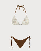 Textured Drawstring Bikini Set in Coffee Halter Style
