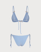 Blue V-Neck Triangle Bikini Set with O-Ring Detail