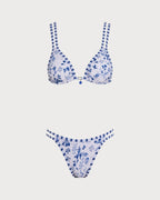 Floral Print White Triangle Bikini with Drawstring