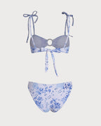 White Floral Triangle Bikini Set with Tie Straps