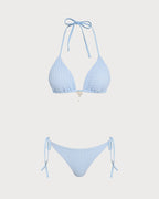 Blue Triangle Bikini Set with Halter Neck and Drawstring