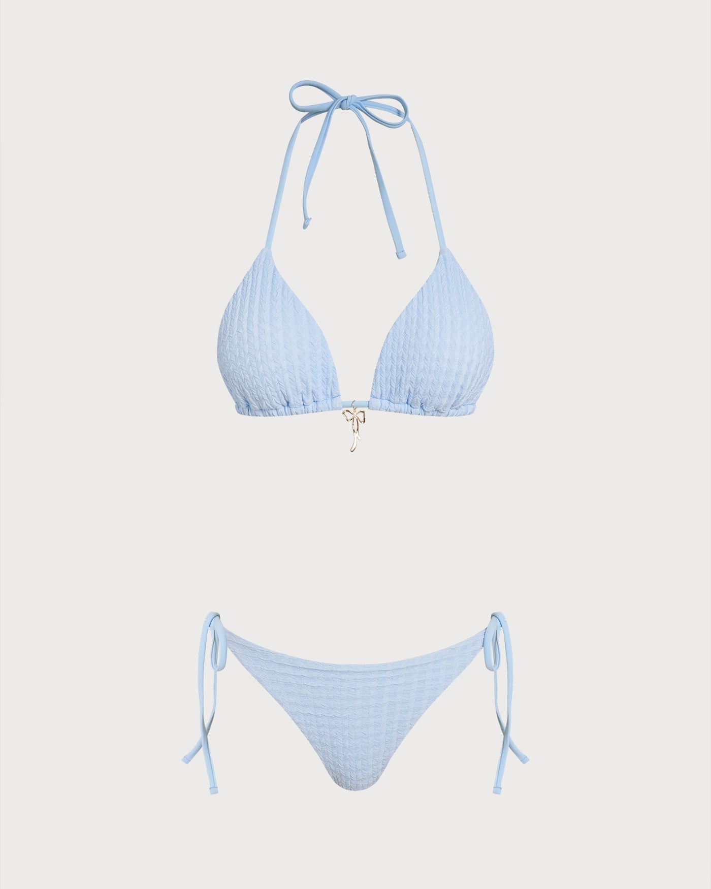 Blue Triangle Bikini Set with Halter Neck and Drawstring
