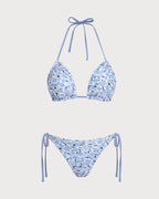 Floral Print Blue Triangle Bikini Set