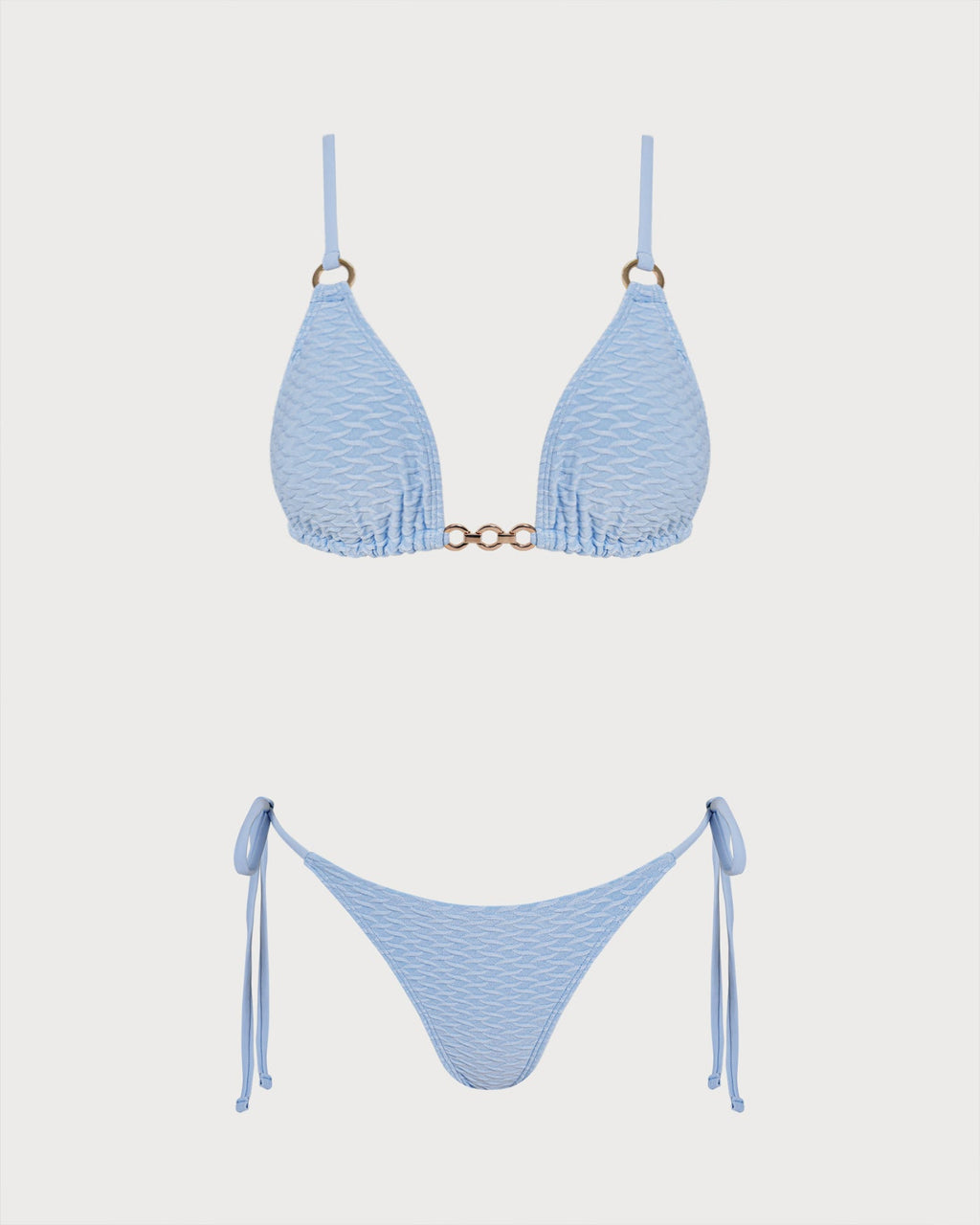 Blue V-Neck Triangle Bikini Set with O-Ring Detail