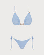 Blue V-Neck Triangle Bikini Set with O-Ring Detail