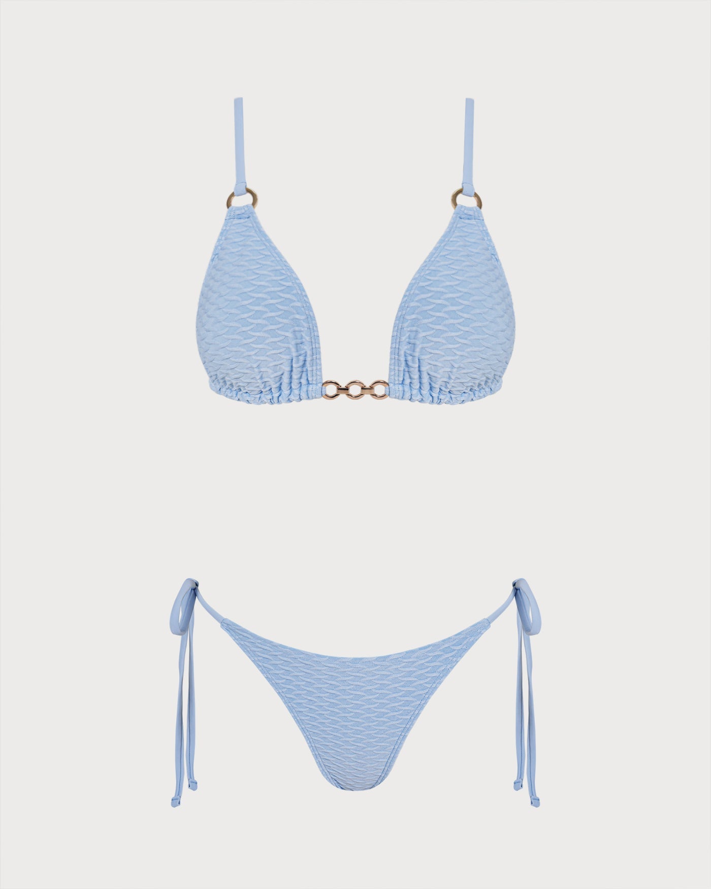 Blue V-Neck Triangle Bikini Set with O-Ring Detail