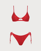 Textured U-Neck Bikini Set in Red