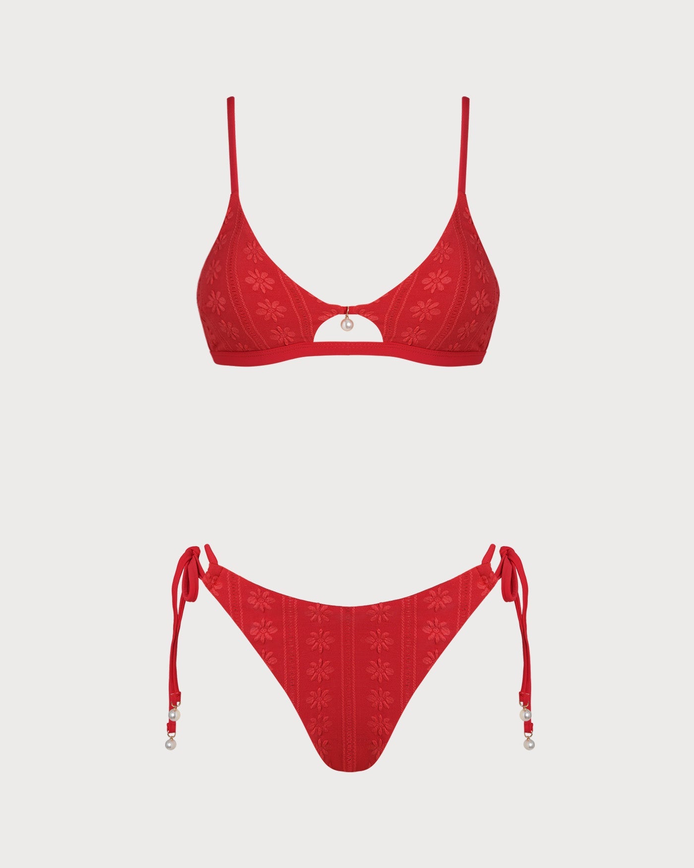 Textured U-Neck Bikini Set in Red