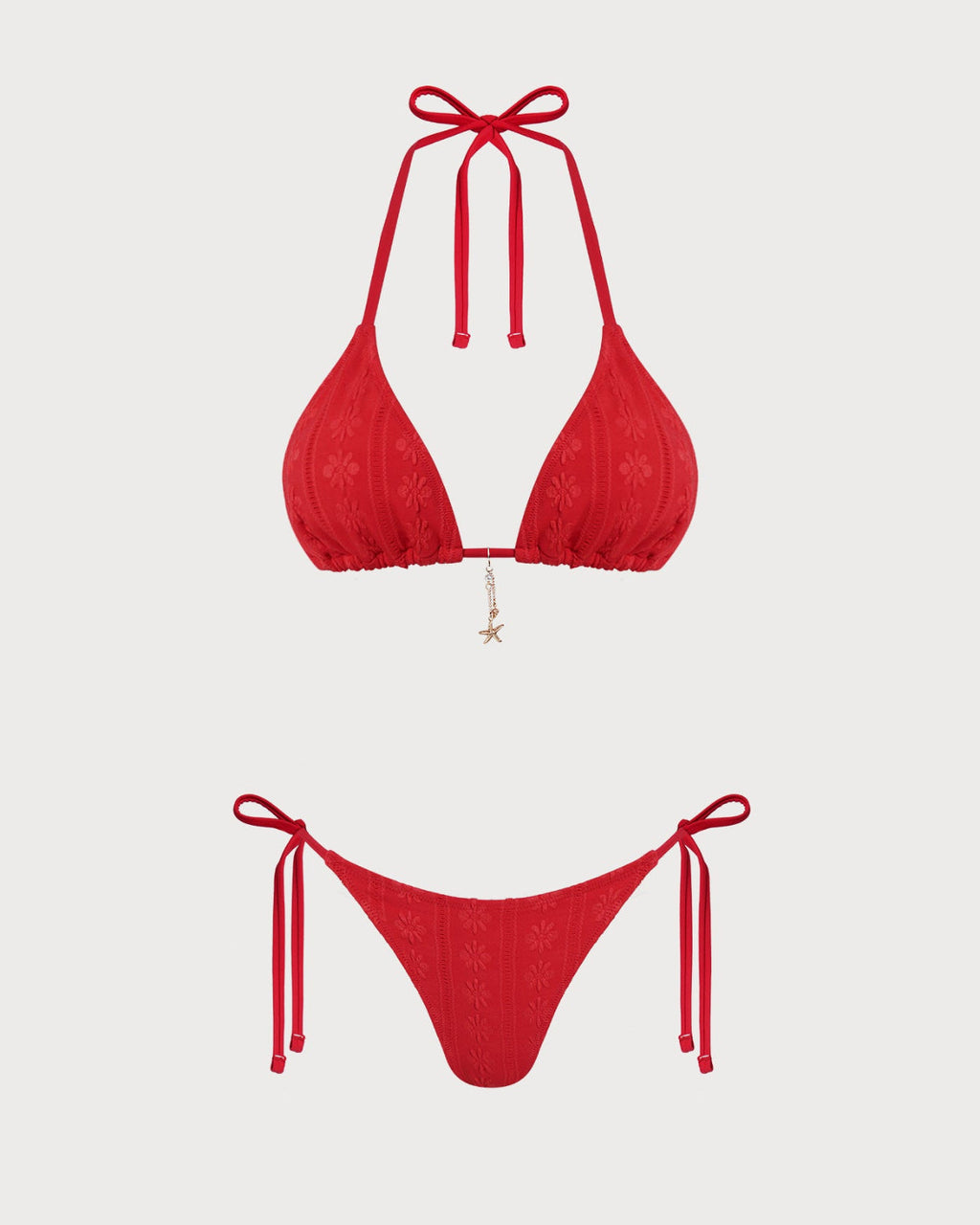 Red Jacquard Halter Neck Bikini Set with Drawstring