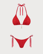 Red Jacquard Halter Neck Bikini Set with Drawstring