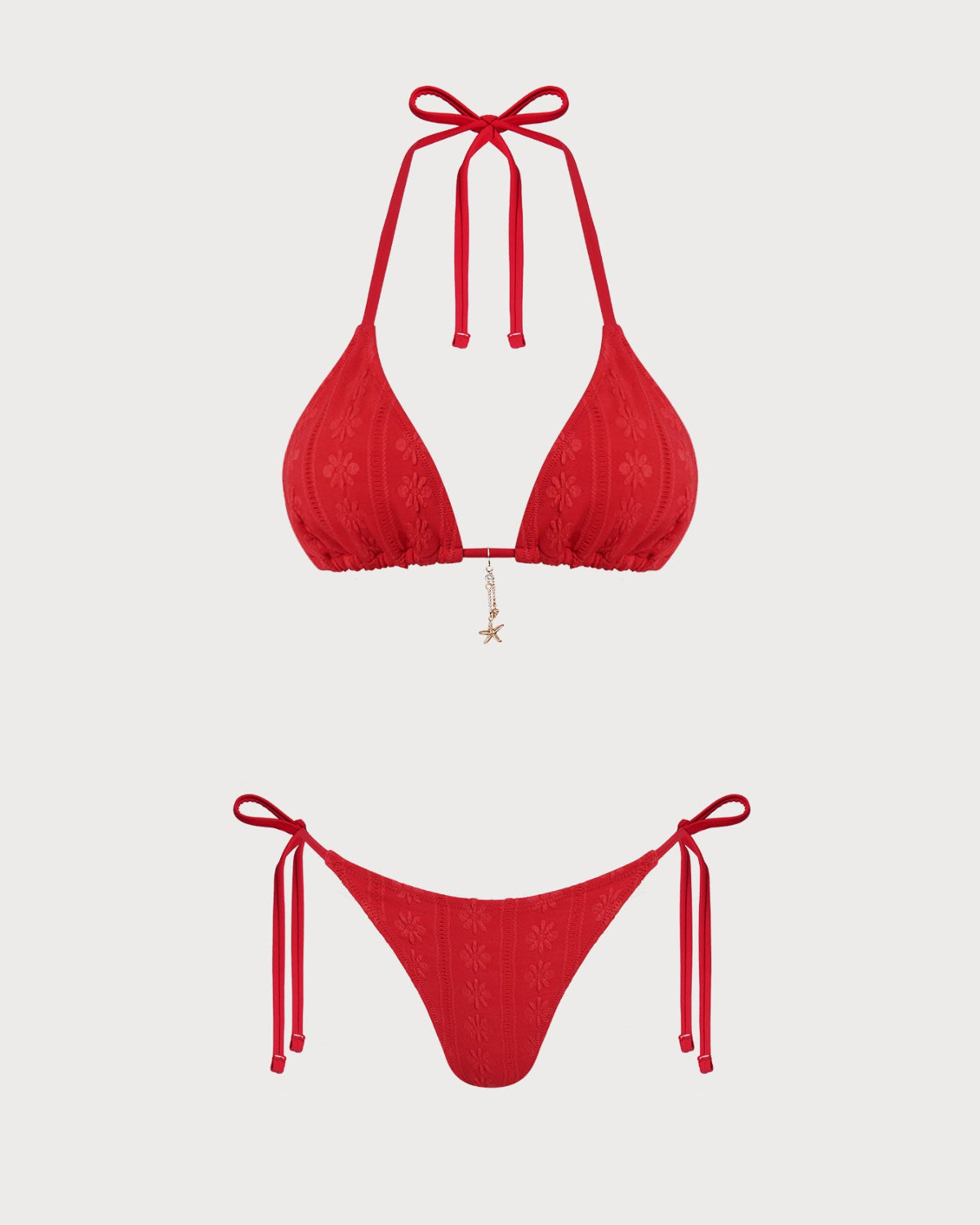 Red Jacquard Halter Neck Bikini Set with Drawstring