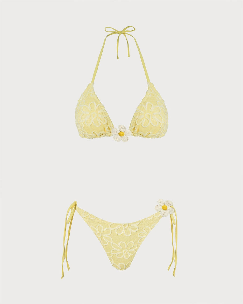 Floral Textured Yellow Halter Bikini Set
