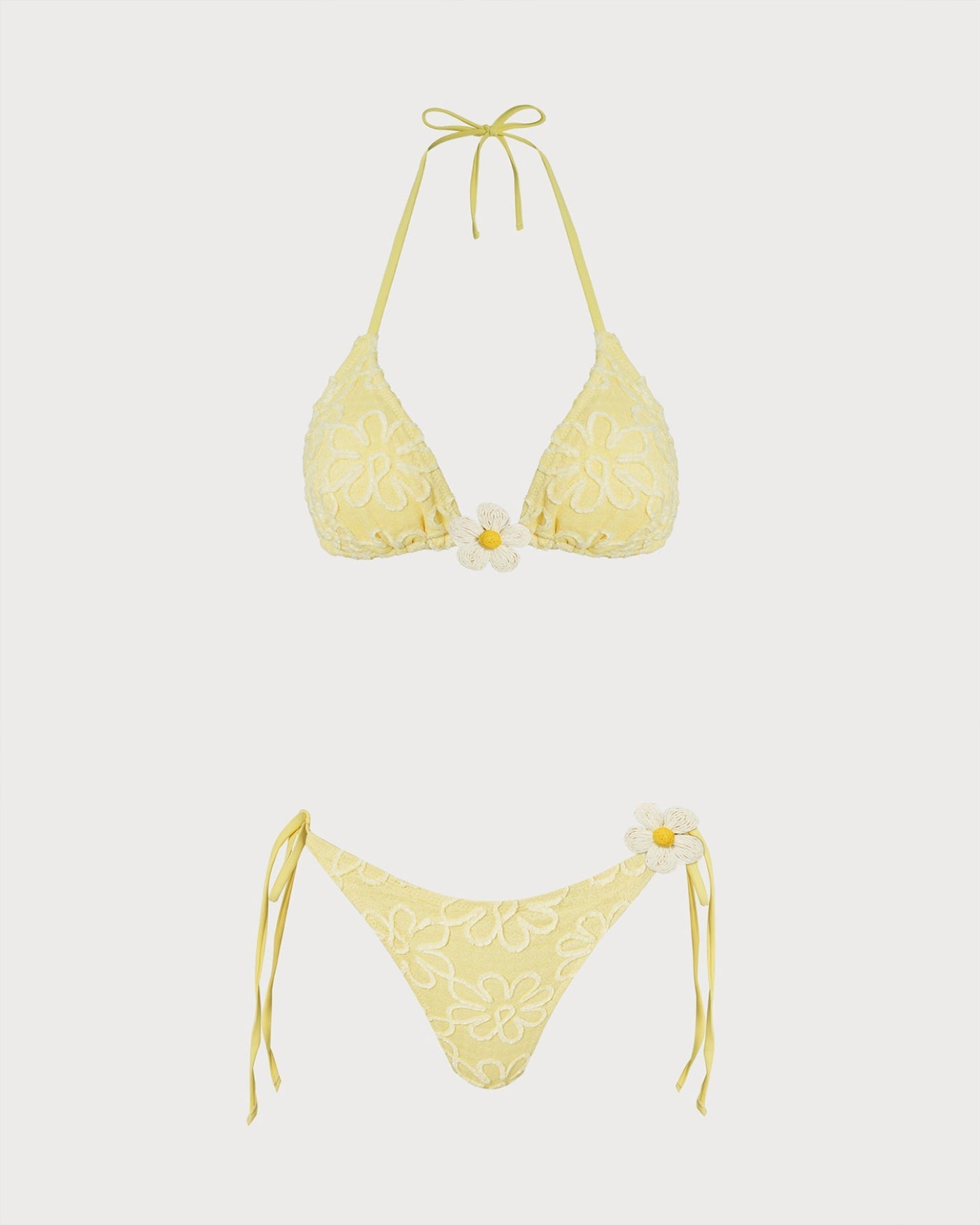 Floral Textured Yellow Halter Bikini Set