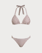 Coffee Plaid Halter Neck Bikini Set
