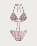 Coffee Plaid Halter Neck Bikini Set