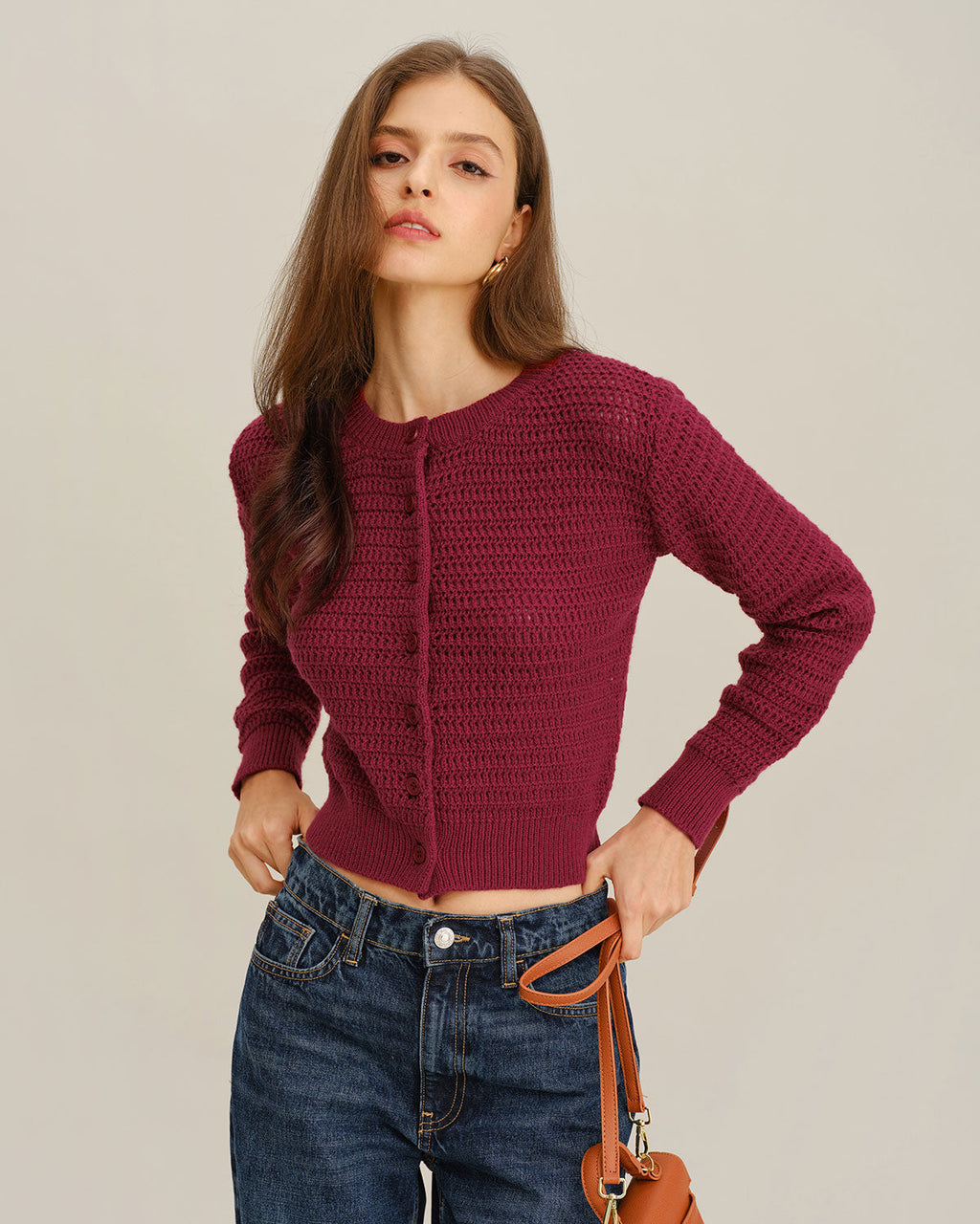Wine Red Round Neck Knit Cardigan with Single Breasted Design